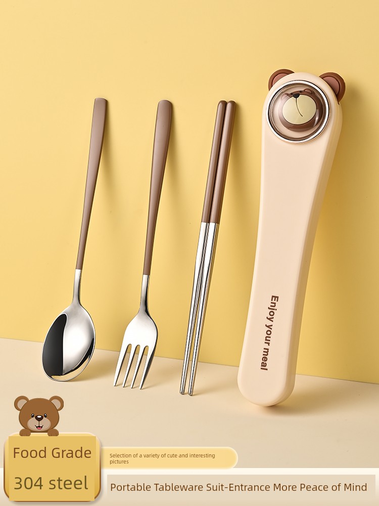 Chopsticks Spoon Kit 304 Stainless Steel Three-Piece Portable Tableware Storage Box Kids Student Outdoor Office Worker