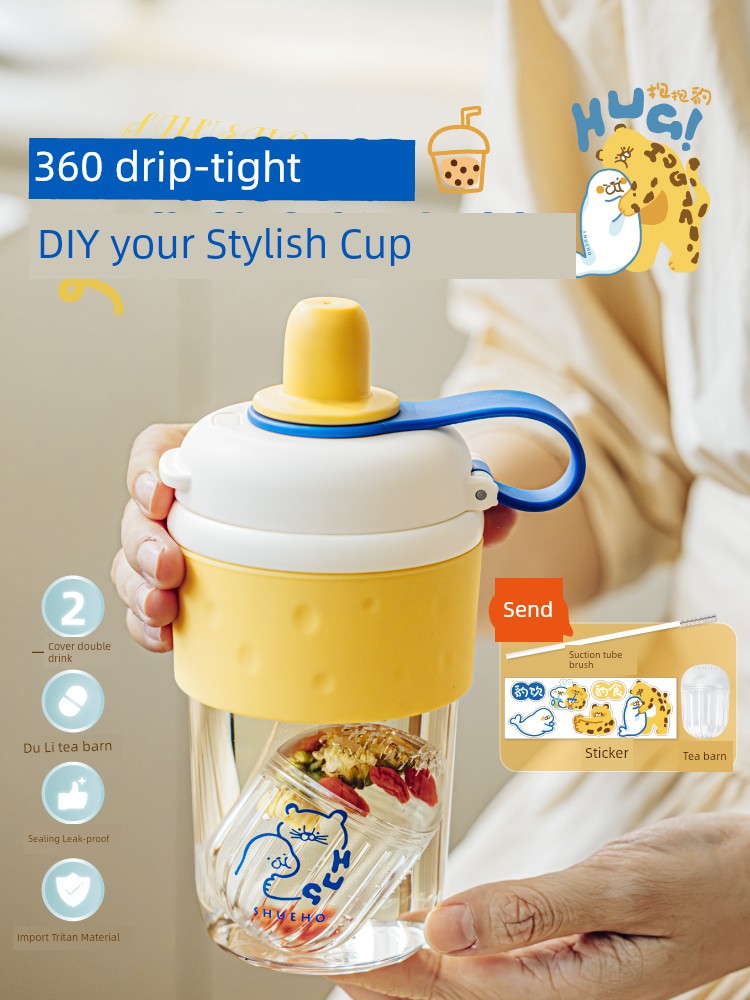 Shuke Leopard Hug Double Drinking Mouth Tumbler Children Portable Good-looking Adult Maternity Tritan Straw Water Cup Summer