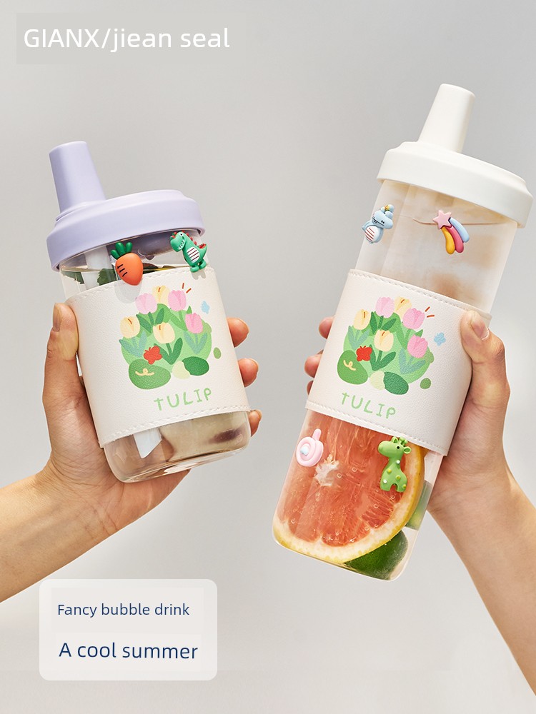 Glass Cup Cup with Straw Large-Capacity Water Cup Girls Big Belly Cup Adult Summer Milk Tea Juice Cup Fruit Tea Cup