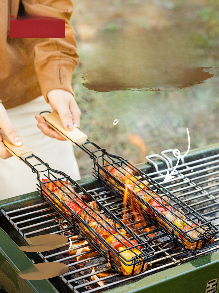 Wooden Handle Barbecue Cage BBQ Barbecue Wire Camping Stall Skewer Grill Rack Barbecue Tools Barbecue Clip Grill Rack