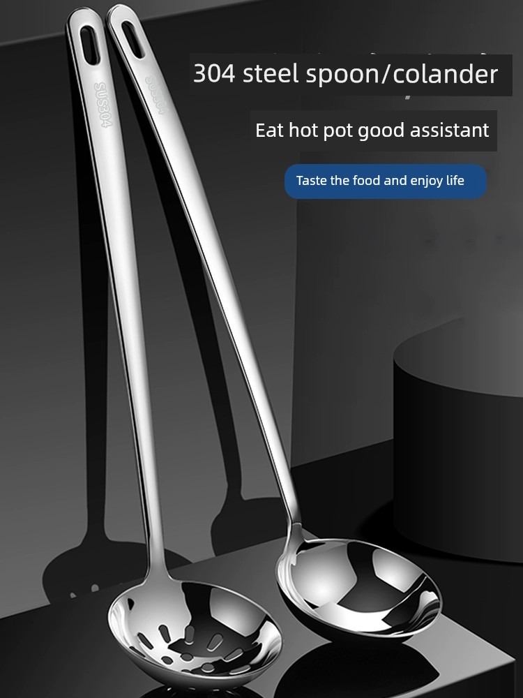 304 Food Grade Stainless Steel Home Ladle Sheng Soup Spoon Hot Pot Slotted Ladle Grease Strainer Suit Large plus Deep