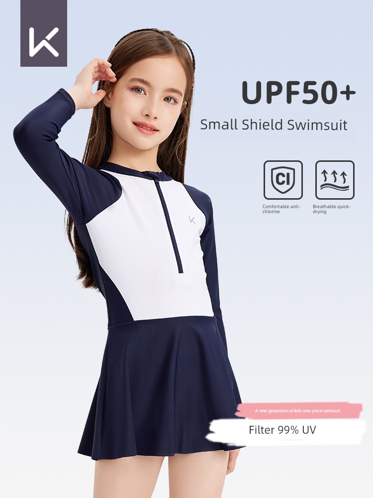 Keep Kids Swimsuit Girl New Sunscreen Quick-Drying Smaller and Big Kids' Swimwear Professional Training Hot Springs Conservative Swimsuit