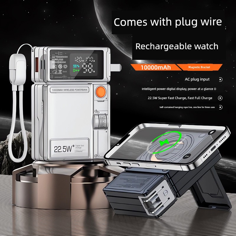 Self-Contained Plug Rechargeable Watch Five-in-One with Cable/Wireless Magnetic Suction Power Bank Super Fast Charge 10000 MA Movable Power Supply Large Capacity Suitable for Iphone16 Apple Laptop