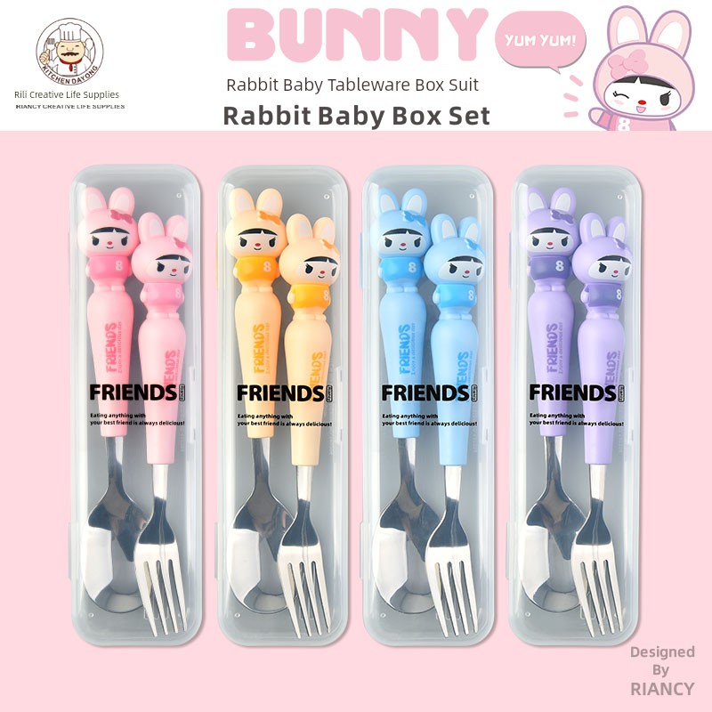 Cartoon Rabbit Baby Stainless Steel Kids Tableware Student Fork Spoon Chopsticks Household Eating Portable Two-piece Set Pack with Meal
