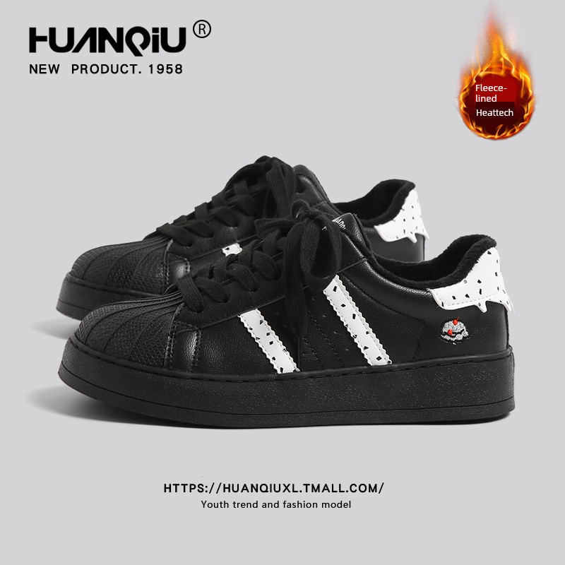 Universal Black Shell Toe Skateboard Shoes Women's 2024 Winter New Arrival Plus Velvet Thick Cotton Shoes Easiest for Match Sports Casual Shoes