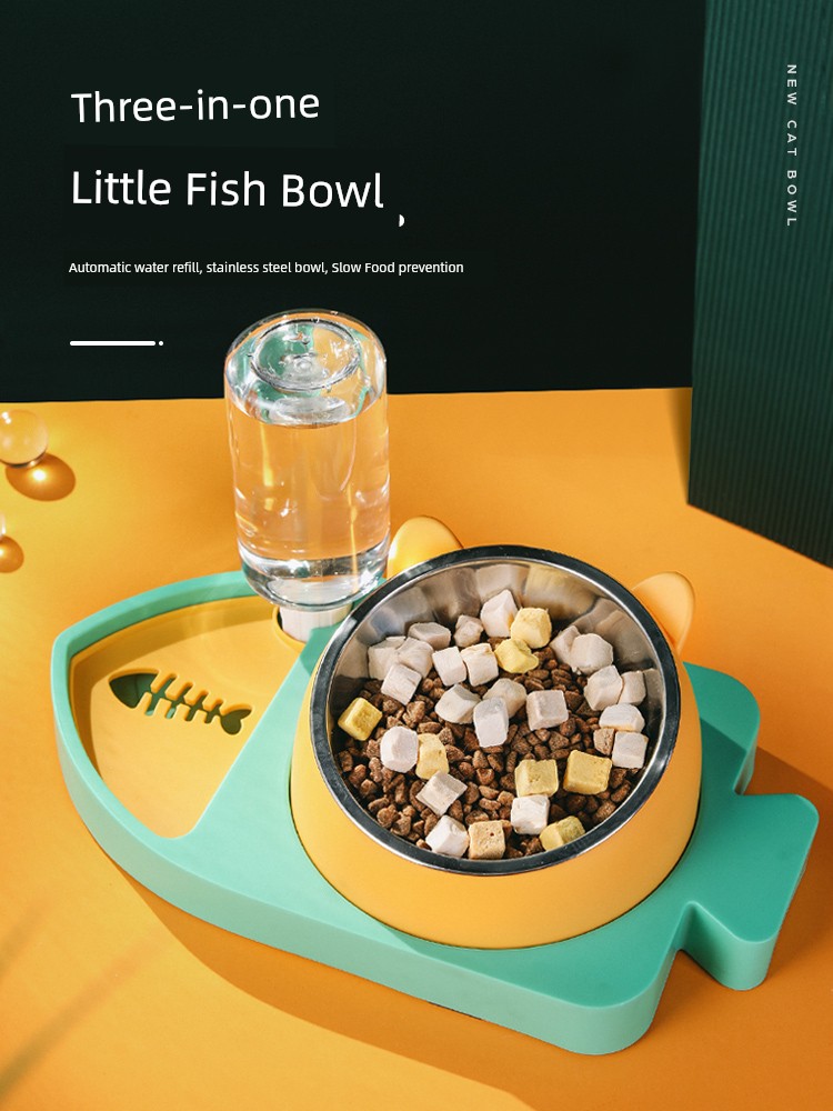 Cat Bowl Double Bowl Stainless Steel Protection Cervical Spine Automatic Drinking Water Food Basin Anti-Tumble Cat Food Dog Rice Basin Cat Supplies