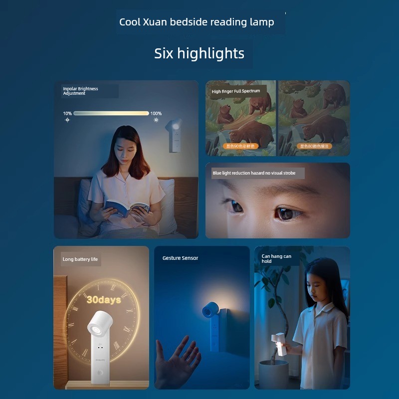 Philips Eye Protection Bedside Reading Light Bedroom Car Student Dormitory Charging Sensor Night Light Kids Cool LED