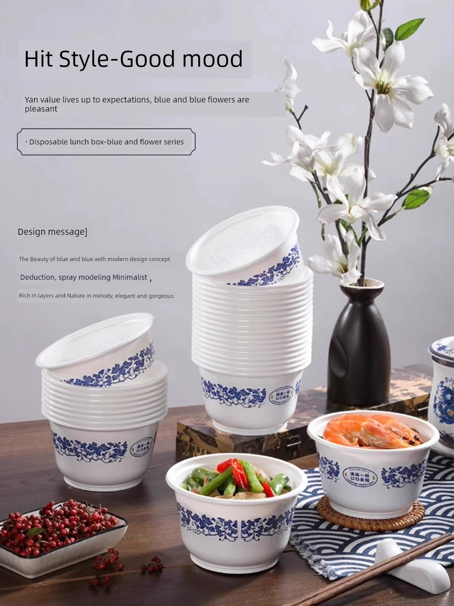 Disposable Blue and White Porcelain Bowl Lunch Box round Take-out Box Packing Bento Fast Food Soup Rice Bowl Food Grade For Home Style