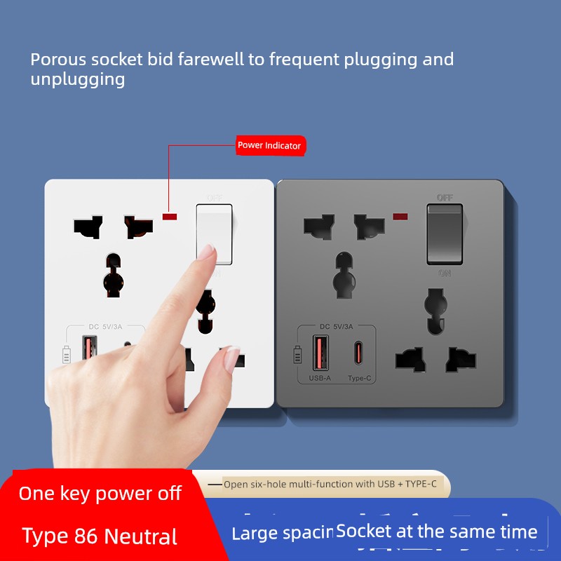 International Electrician Multi-Functional Six-Hole USB Fast Charging Typec Water Heater Socket Porous in-Situ Conversion 86 Three Three Plug