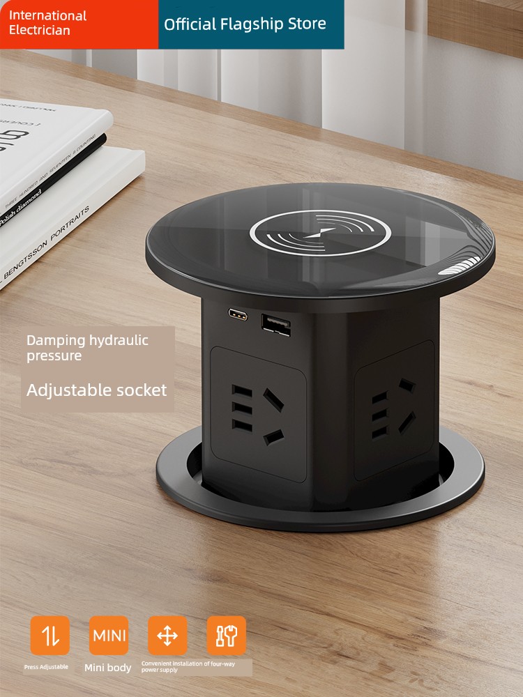 Hydraulic Lift Socket Embedded Kitchen Island Wireless Kitchen Power Strip Waterproof Hidden Desktop Switch Socket