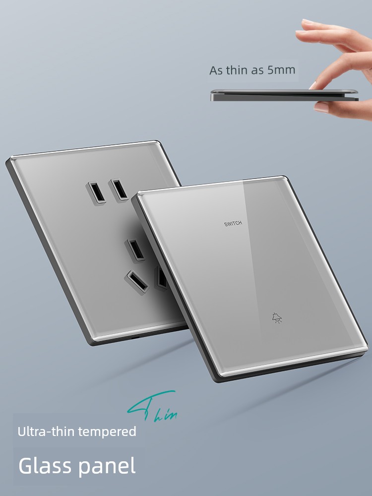 International Electrician Ultra-Thin Gray Tempered Glass Switch Socket Panel 86 Type Wall For Home Double Control Switch with Single Connection Five Holes