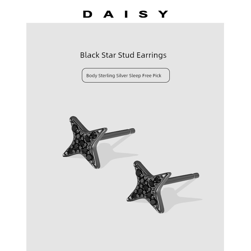 925 Sterling Silver Black Star Ear Studs Women's Elegant Stylish Ins Style Four Eight-Pointed Stars Earrings Men's Ear-Caring Classy Earrings