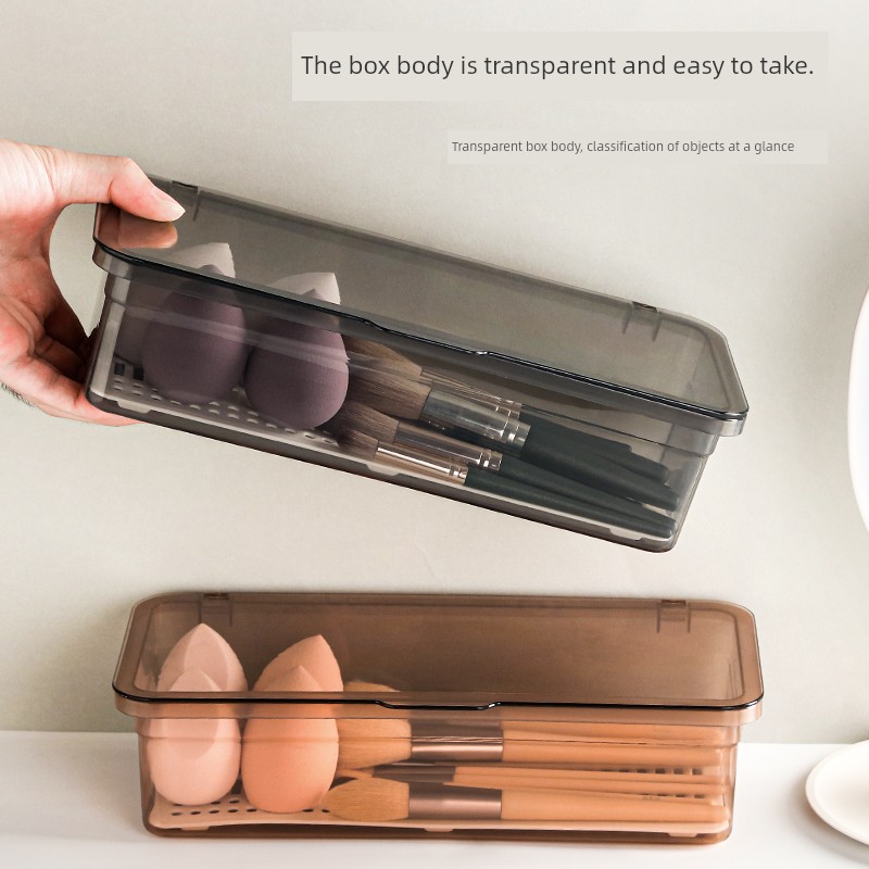 Makeup Brush Storage Box Large Capacity Dressing Table Dormitory Cosmetic Egg Eyeshadow Brush Rectangular Transparent Dustproof with Lid