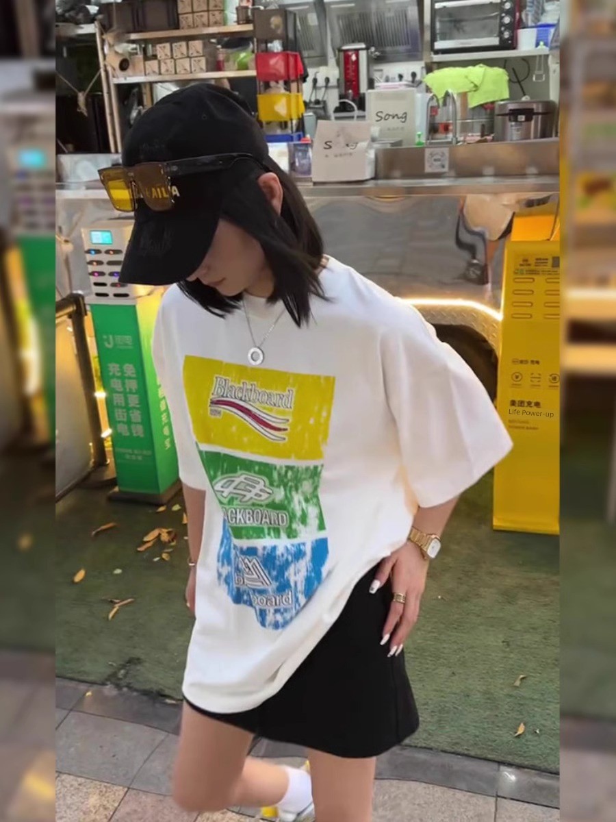 American Retro Printing Color Contrast Short Sleeve T-Shirt Women's Stylish Niche Style Mid Length Long Length Loose Tops Summer 2025