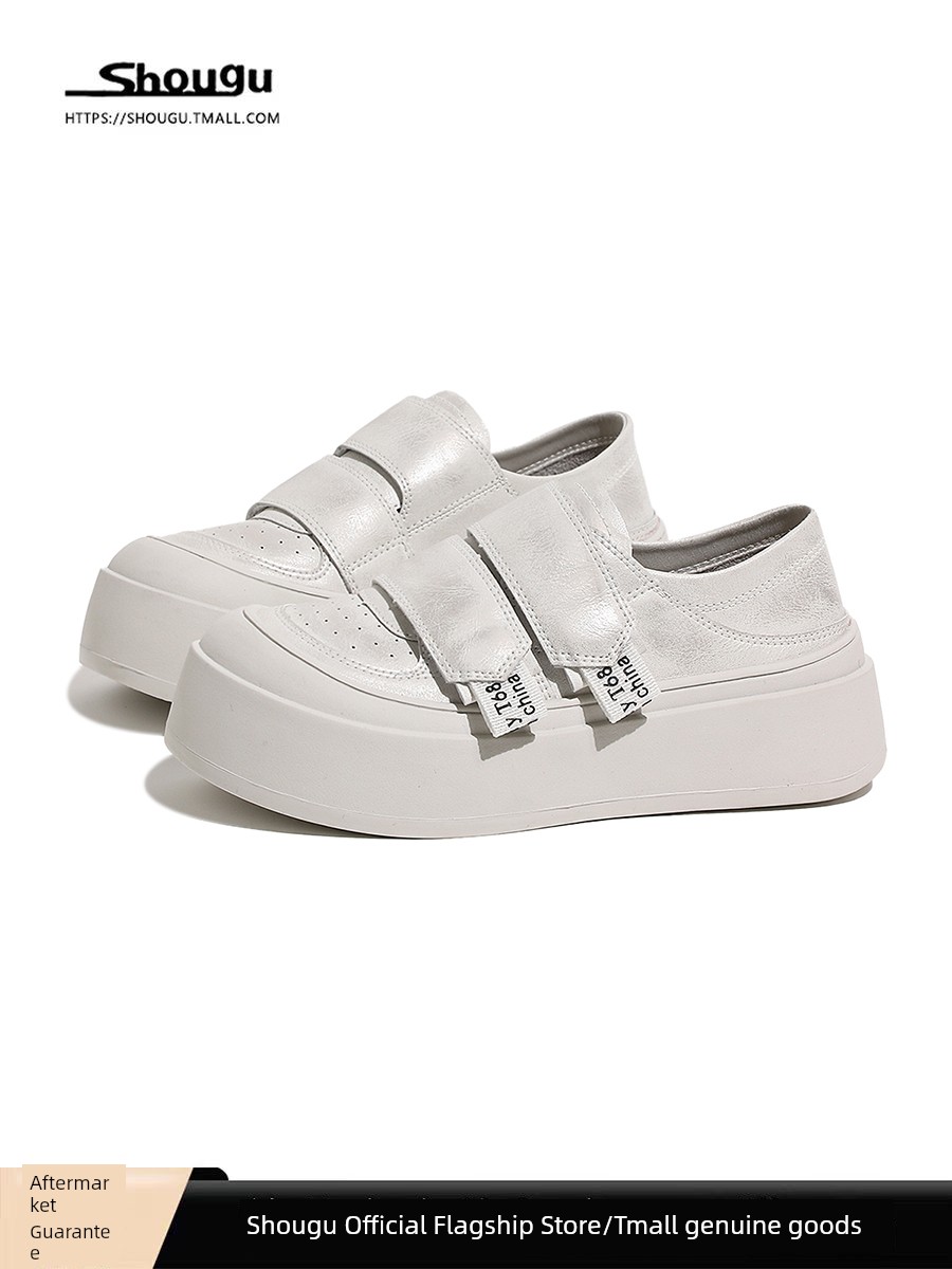 Shougu Velcro Thick Sole Big Head White Shoes Women's 2025 New Arrival Best Selling Genuine Leather Elevator Casual Versatile Sneakers