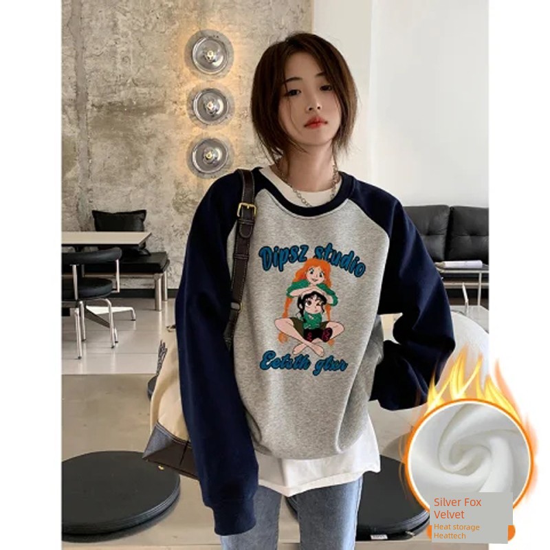 Plus Size Color Matching Cartoon Print Sweatshirt Men and Women New Arrival Loose Western Style Fashion Pullover Couple Contrast Color and Versatile Tops