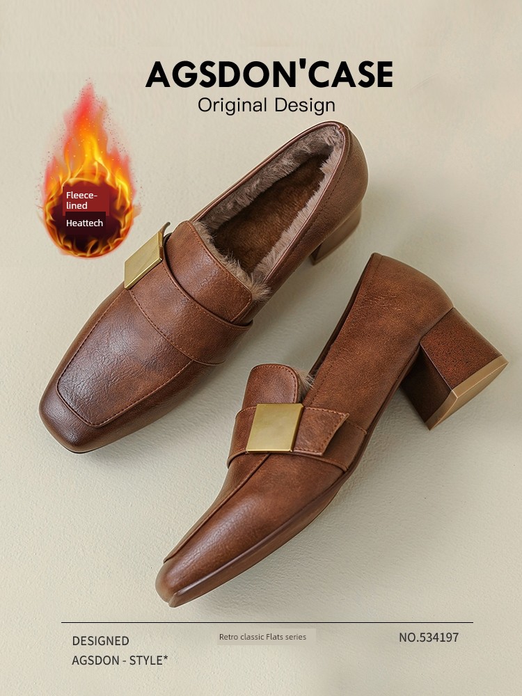 Augusto Retro Fleece-lined Single-Layer Shoes Women 2024 New Autumn and Winter Loafers Chunky Heel Square Toe Commuter High Heels