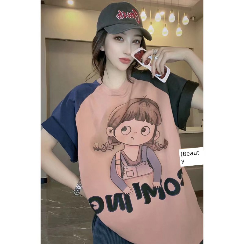 Plus Size Women's Clothing Plus Size Ladies K-style Cartoon Print Loose Contrast Color Patchwork round Neck Short Sleeve T-shirt Top 100.15kg 00