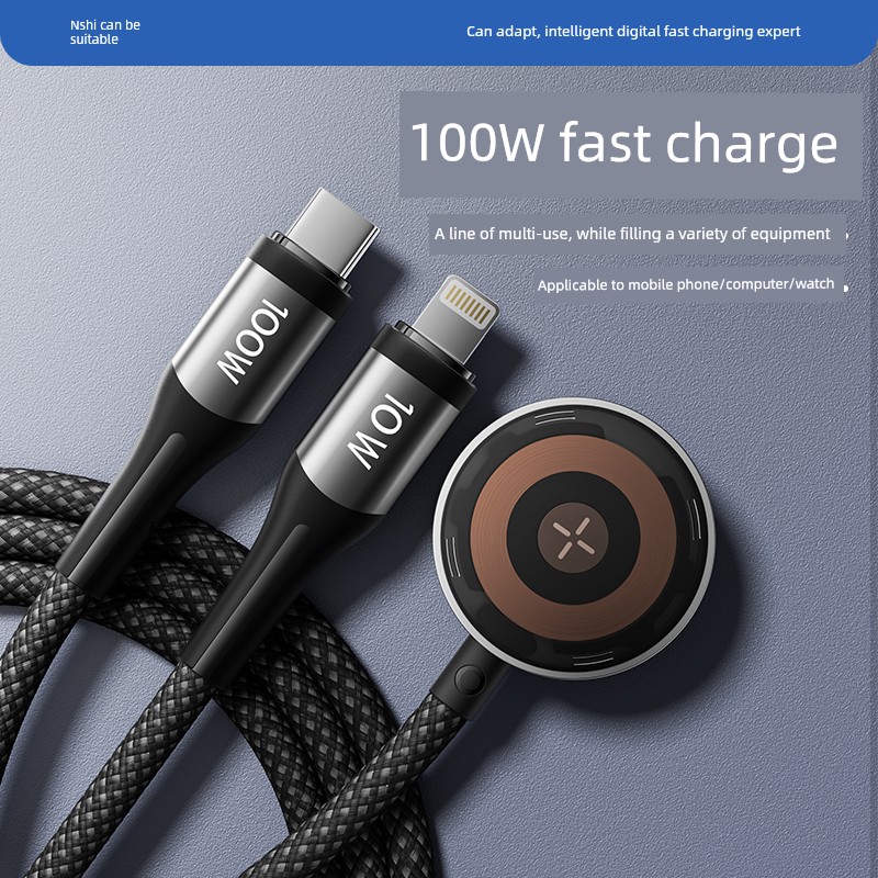Applicable to Apple Watch Magnetic Data Cable Xiaomi 15 Huawei Fast Charge Iwatch9 Car Three-in-One Type-c + Lightning + Watch Wireless Charger 3-in-1 Charging Wire