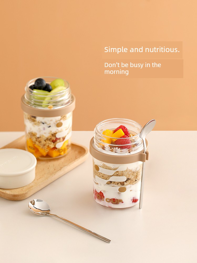 Fasola Overnight Oat Cup with Cover Spoon Portable Takeaway Sealed Scale Glass Cup Yogurt Fruit Breakfast Cup