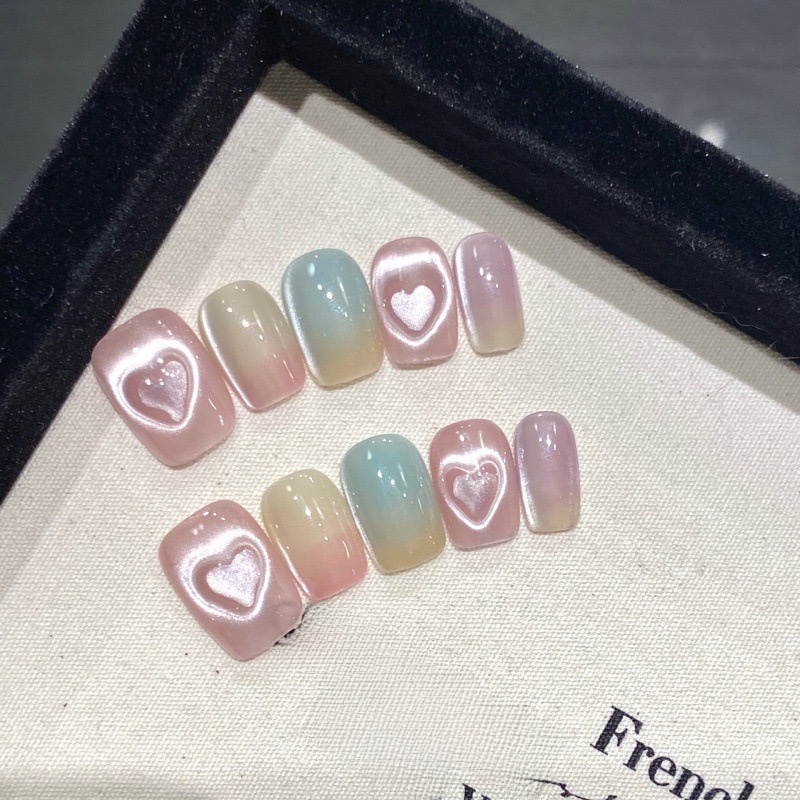 Colored Loving Heart Cat's Eye | Hand-Worn Nail Short Summer Macaron Dopamine Micro Glass Bead Nail Stickers