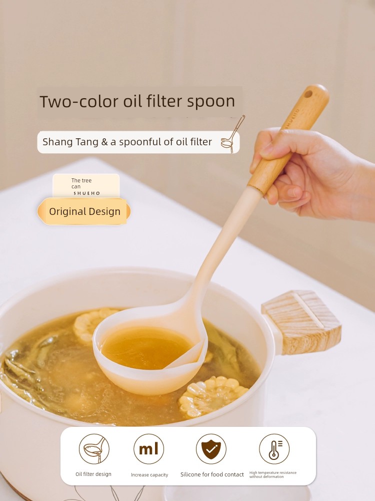 Tree Can Be Two-Color Oil Insulation Soup Spoon and Strainer Oil Leakage Oil Filtering Long Handle Silicone Oil Separation and Skimming Kitchen Soup Oil Separator Spoon