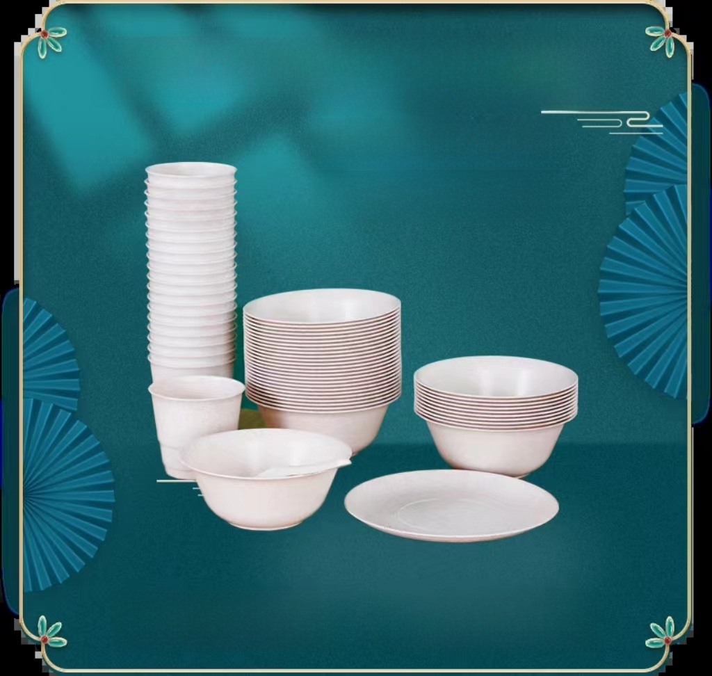 Rice Husk Disposable Tableware Environmental-Friendly Cup and Saucer Bowl Spoon Chopsticks Suit for Restaurant and Home Use Cup and Plate Outdoor Four-Piece Set