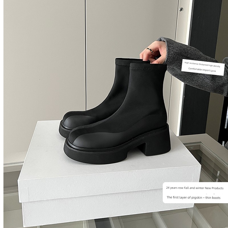 Top Layer Pigskin Leather ~ Uncle's Thick Sole Thick Heel Thin Boots Short Boots for Women 2024 Autumn and Winter New Arrival Increased by Stretch Boots