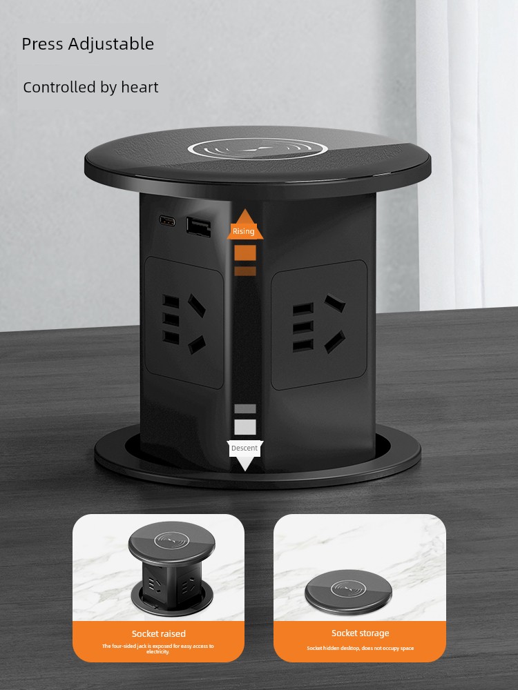 Hydraulic Lift Socket Embedded Kitchen Island Wireless Kitchen Power Strip Waterproof Hidden Desktop Switch Socket