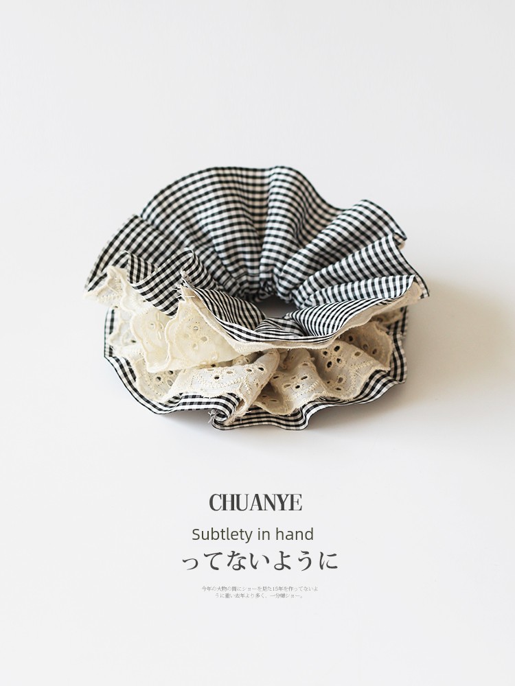 Kawano Hand-Made French Hair Band Retro Double Layer Gingham Lace Lace Stitching New Large Headband for Women