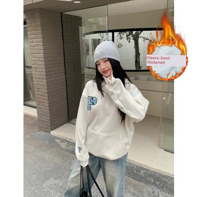 American Vintage Korean Style Loose Fleece-lined Hoodie - Autumn/Winter Thickened Oversize Versatile Outerwear
