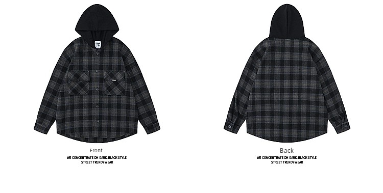 American Retro Plaid Woolen Hooded Long Sleeves Shirt