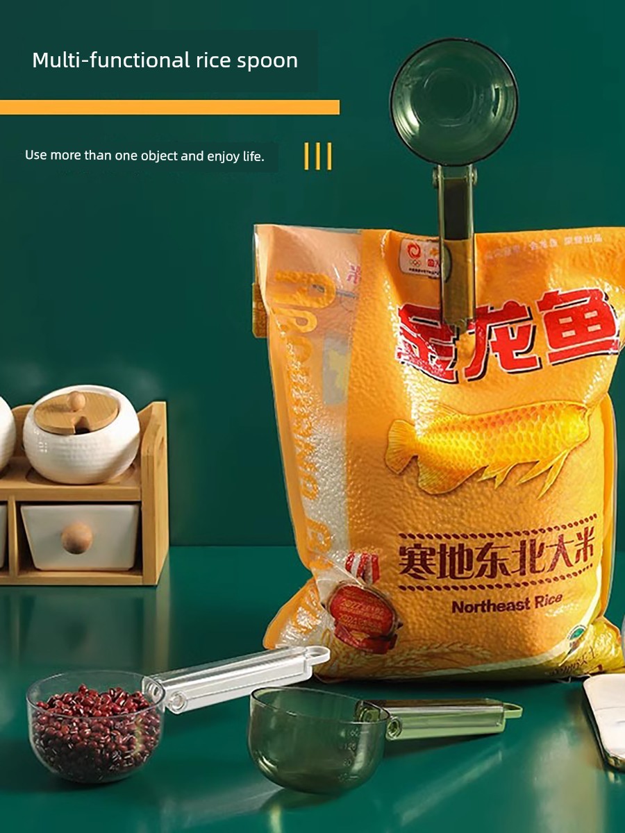 Multi-Functional Kitchen Sealing Clip Food For Home Spoon with Cereals Scoop Rice Spoon Plastic Long Handle Scoop Cat Food Spoon