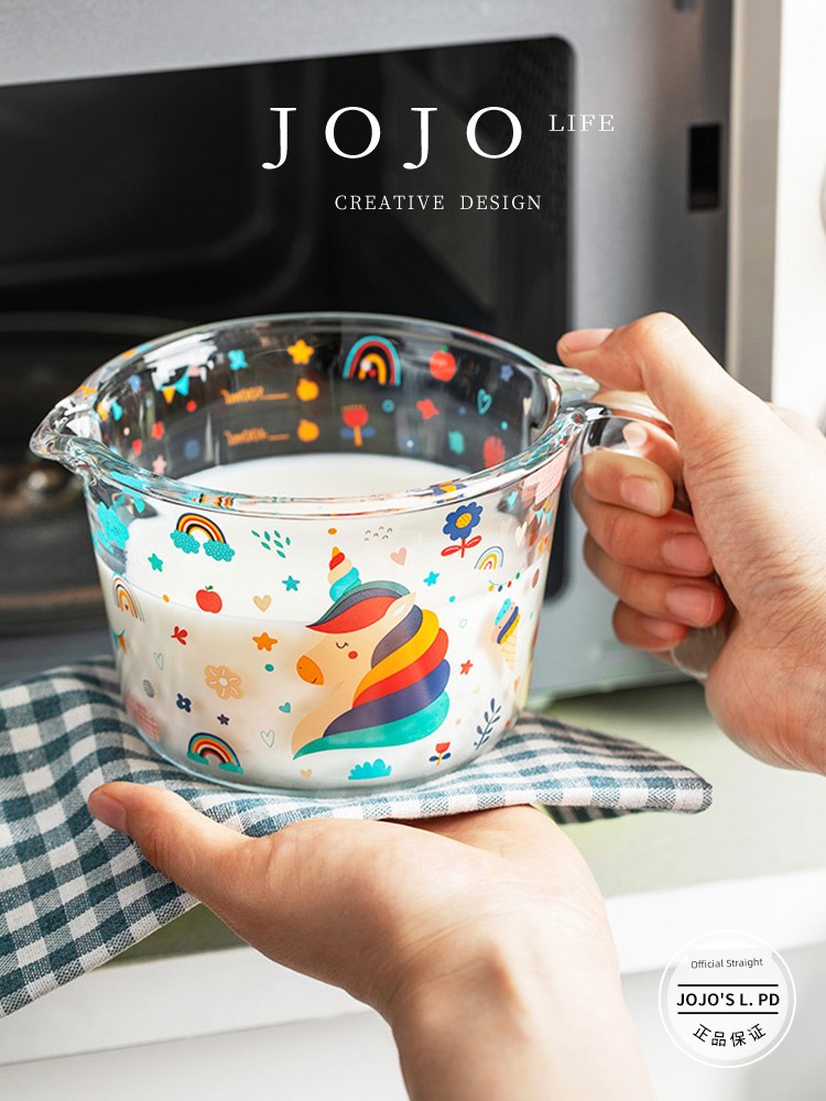 Jojo's L. Pd. Interface. Glass Measuring Cup with Scale Cartoon High Temperature Resistant Food Grade | Letter Mouth