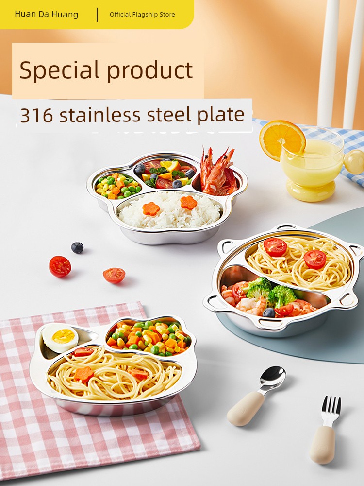 Cooker King Children's Dinner Plate Stainless Steel Meal Tray Compartment Separate For Home Food Grade Kindergarten Baby Tableware Drop-Resistant
