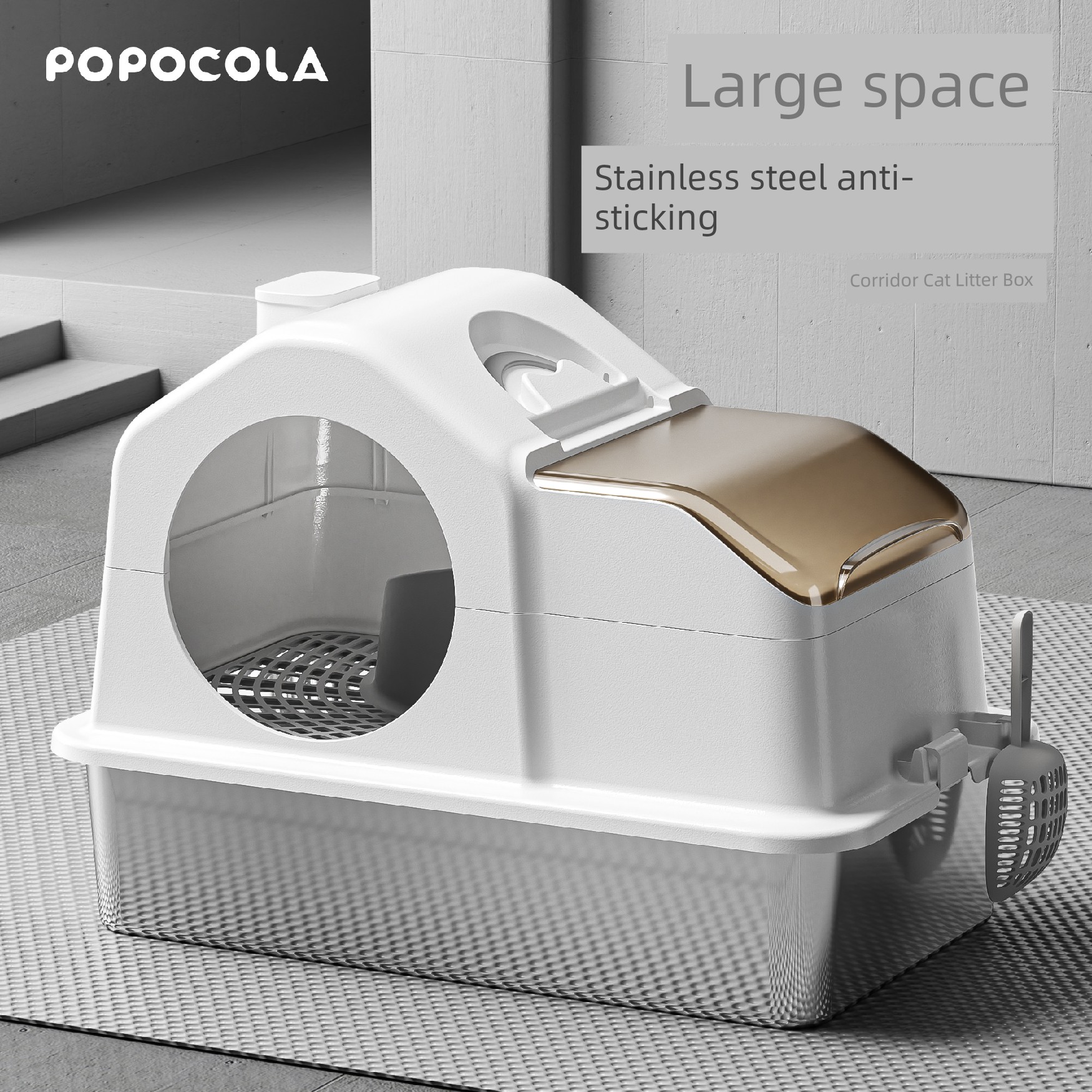 Popo Litter Box Corridor Type Stainless Steel Fully Enclosed Anti-Splash Deodorizing Filter Cat Litter Basin No. Extra Large Oversized Cat Toilet