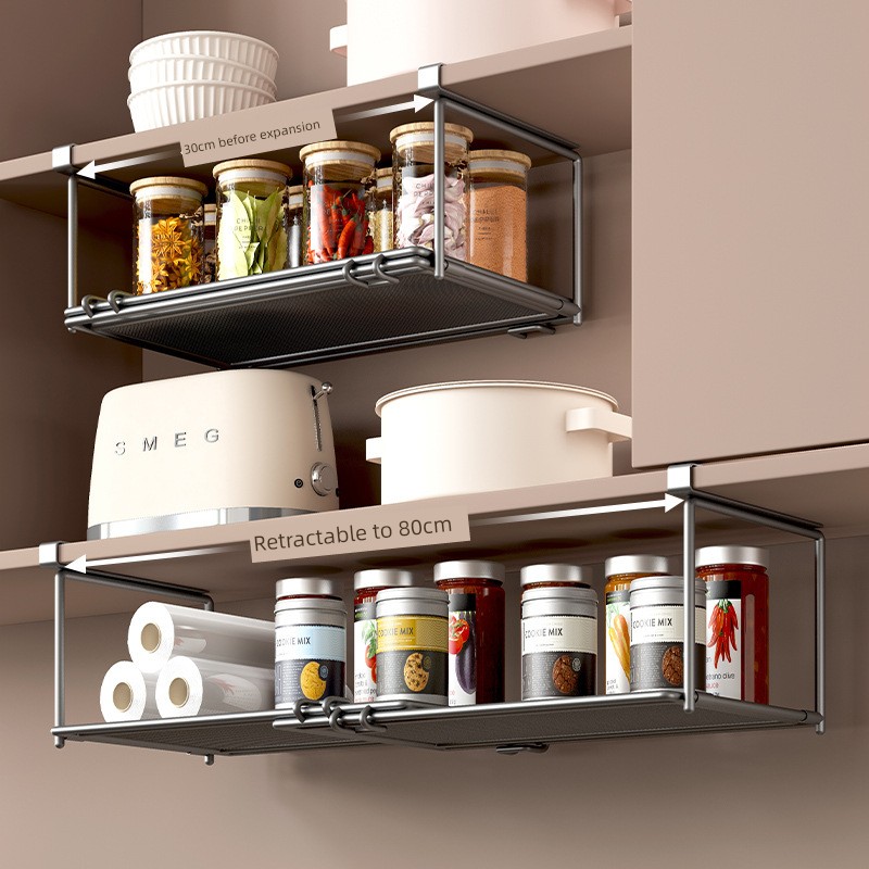 Cabinet Hanging Retractable Hanging Basket Kitchen Storage Rack Lower Hanging Cabinet Door Seasoning Storage Artifact Punch-free Storage Rack