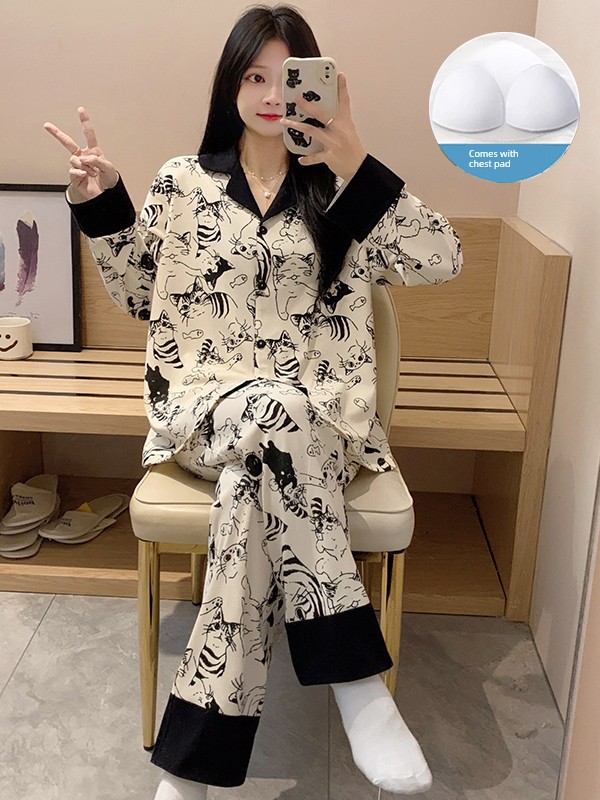 Women's Pajamas Spring & Fall with Chest Pad Long Sleeves Pants Nipple Coverage Suit Winter Summer Women's Cute Cartoon Homewear