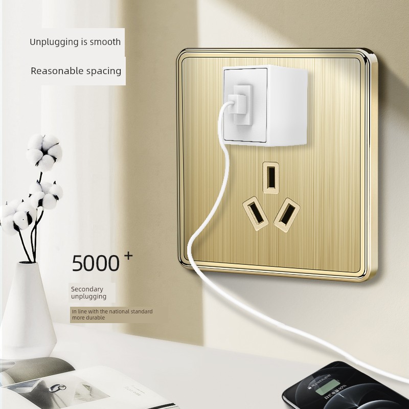 International Electrician 86-Type Champagne Gold Yarn Drawing Double Control Switch with Single Connection Oblique Five-Hole Socket with Switch Panel 16A Three-Hole