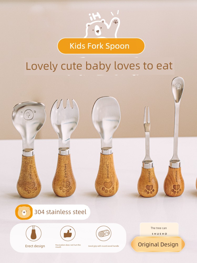 Tree Spoon Meal Spoon Stand Spork Portable Tableware Children Spoon Stainless Steel Fork Wooden Handle Cute Baby Spoon