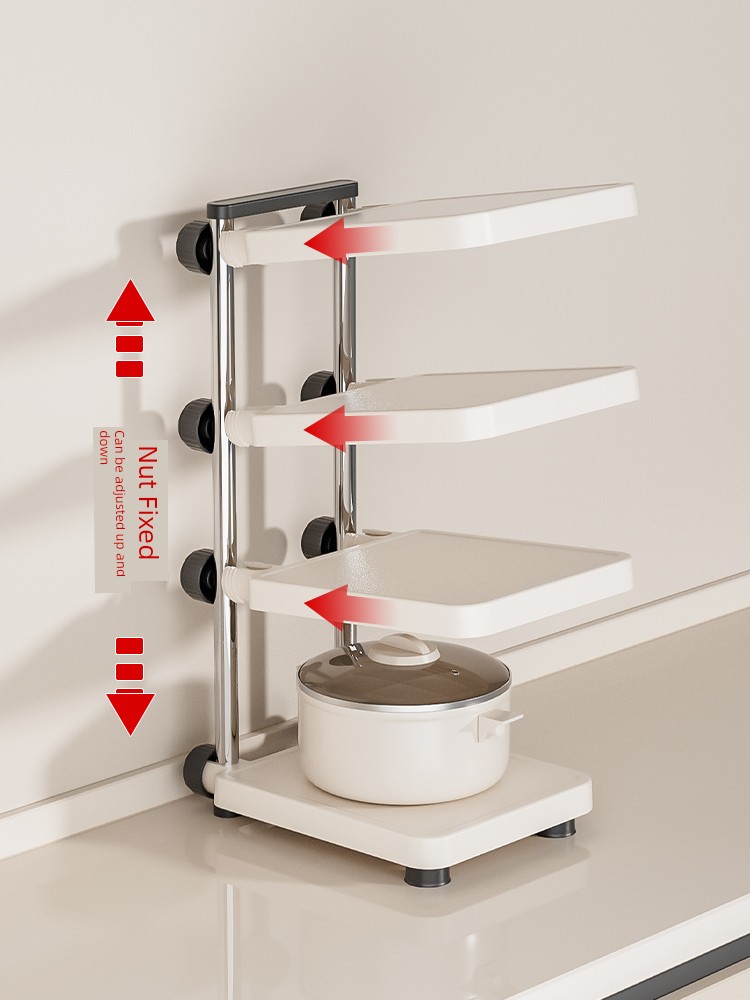 Cream Multi-Layer Pot Rack Kitchen Shelf Cookware Storage Rack Multi-Functional Floor Sink Cabinet Layered Table Top