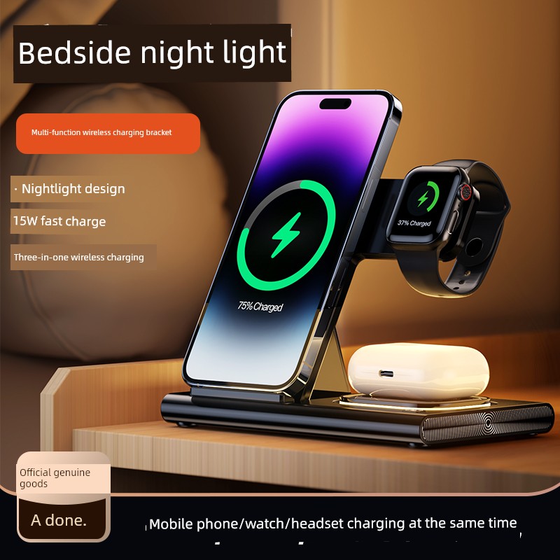 Miaoku Three-in-One Wireless Charger MagSafe Magnetic Suction Bracket Fast Charging Base Mobile Phone Headset Watch Apple13 Portable Foldable Bracket IWatch Multi-Function 14 Suitable for Iphone15