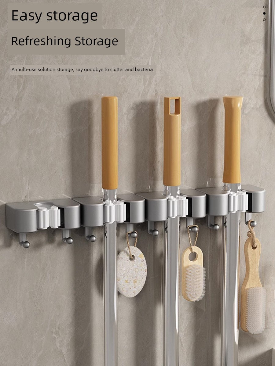 Cream Double Hook Mop Clip Free Punch Mop Rack Toilet Hook Broom Rack Broom Rack Wall Hanging Bathroom Storage