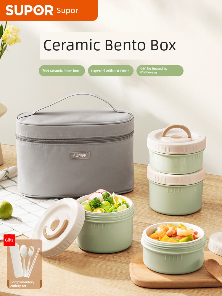 Supor Ceramic Lunch Box Work Lunch Box Three-Piece Microwave Oven Heating Oven Mitts Compartment Student Lunch Box