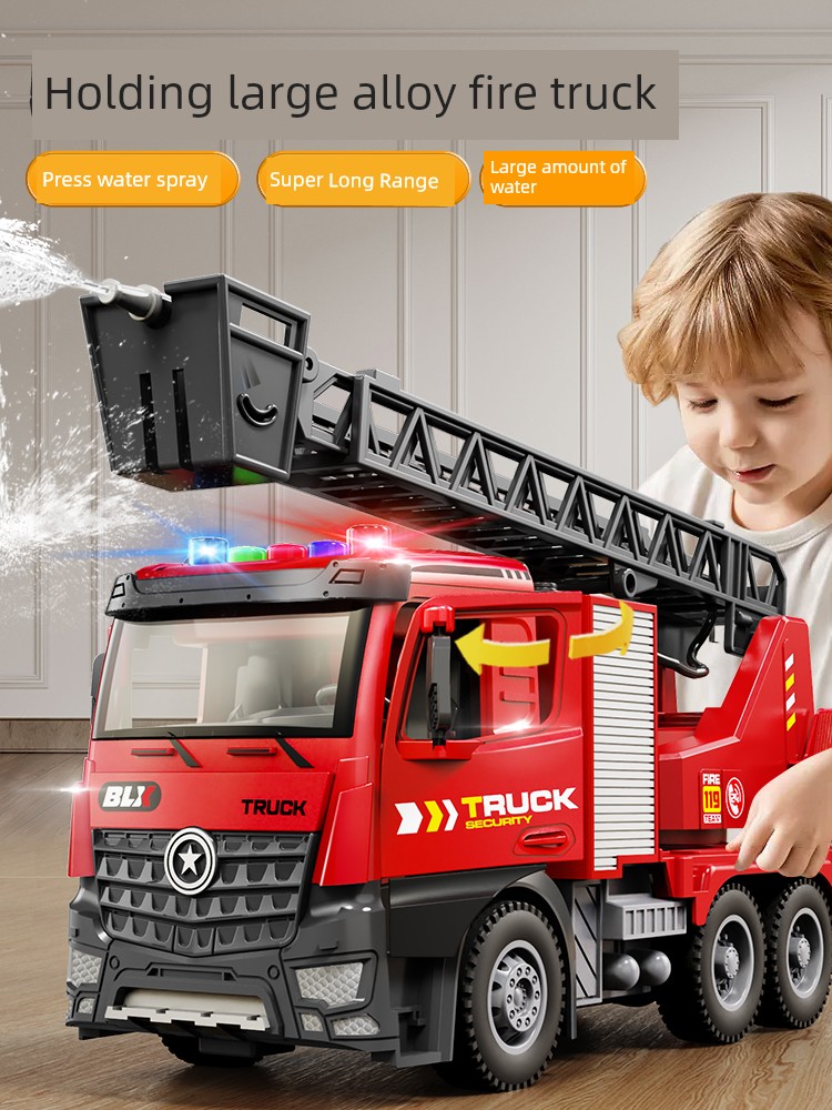 Oversized Kids Alloy Fire Truck Toy Car Can Spray Water Firemen Sprinkler Car Ladder Recovery Vehicle Boy