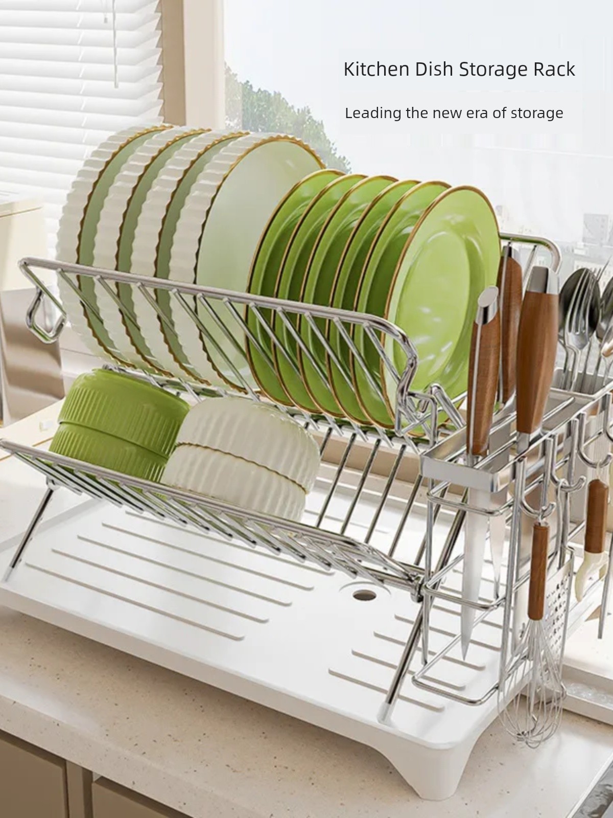 Jujiajia Multi-Functional Stainless Steel Folding Dish Rack Kitchen Dish Draining Rack Tableware Storage Rack Draining Bowl and Chopsticks