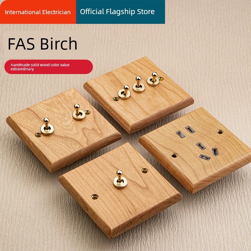 International Electrician Nordic Simple Solid Wood Retro Switch Socket Panel Brass Work Driving Arm 86 Type Original Wood Color Beech