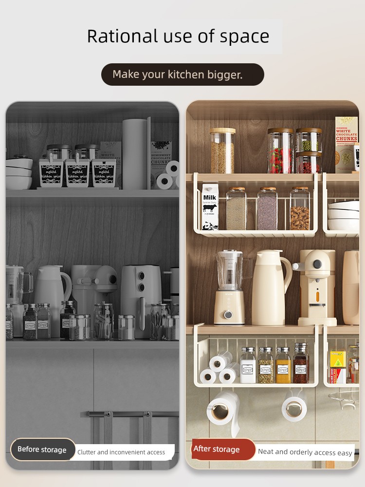 Cream Style Cabinet Shelf Wall Cupboard Lower Hanging Layered Seasoning Hanging Basket Cabinet Lower Hanging Rack Storage Rack