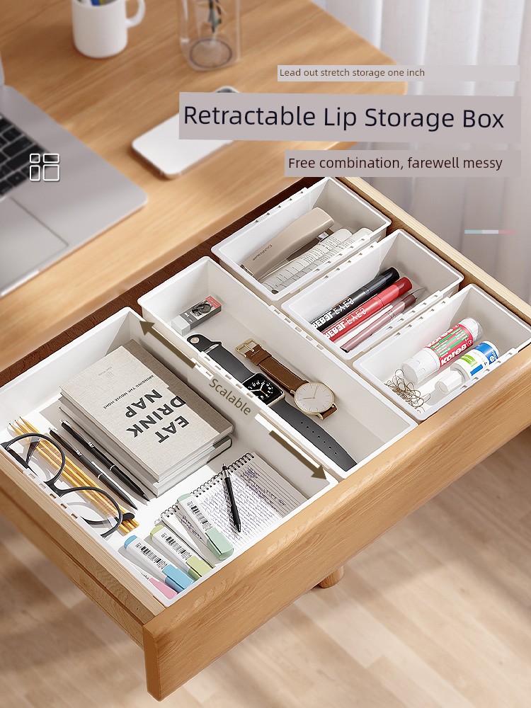 Retractable Drawer Storage Box Rectangular Built-in Separated Cosmetics Table Tableware Desktop Clutter Organizing Box