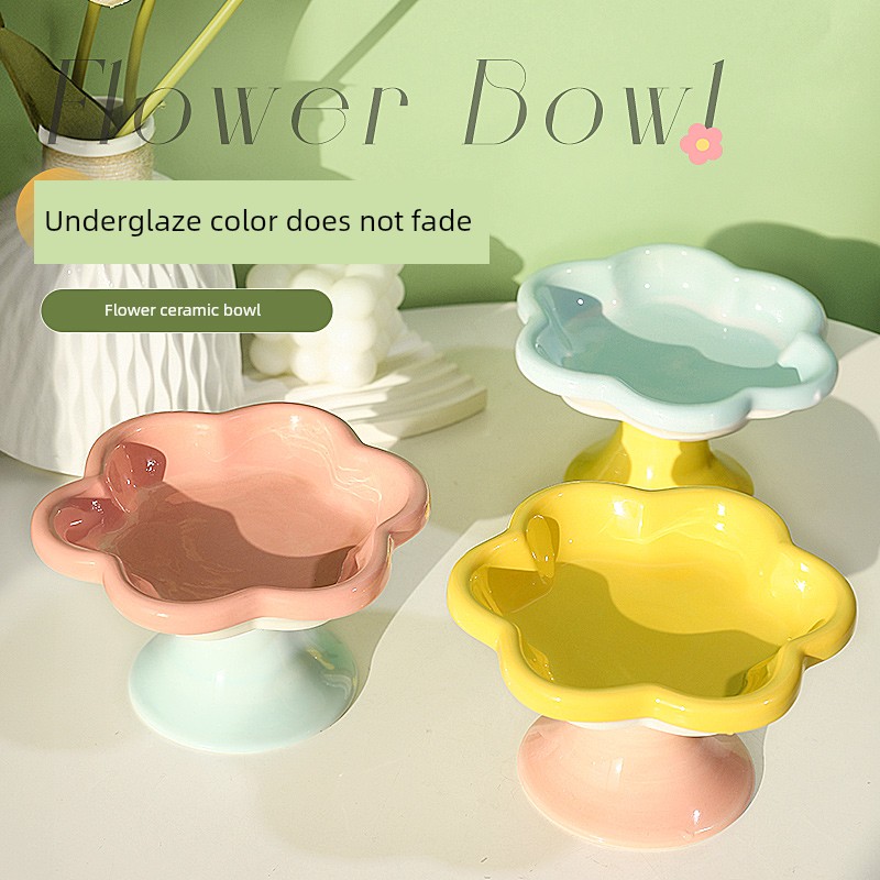 Cat Bowl Ceramic Cat Food Bowl Tall Bowl Snack Bowl Large Diameter Good-looking Anti-Tumble Food Basin Dog Bowl Pet Supplies
